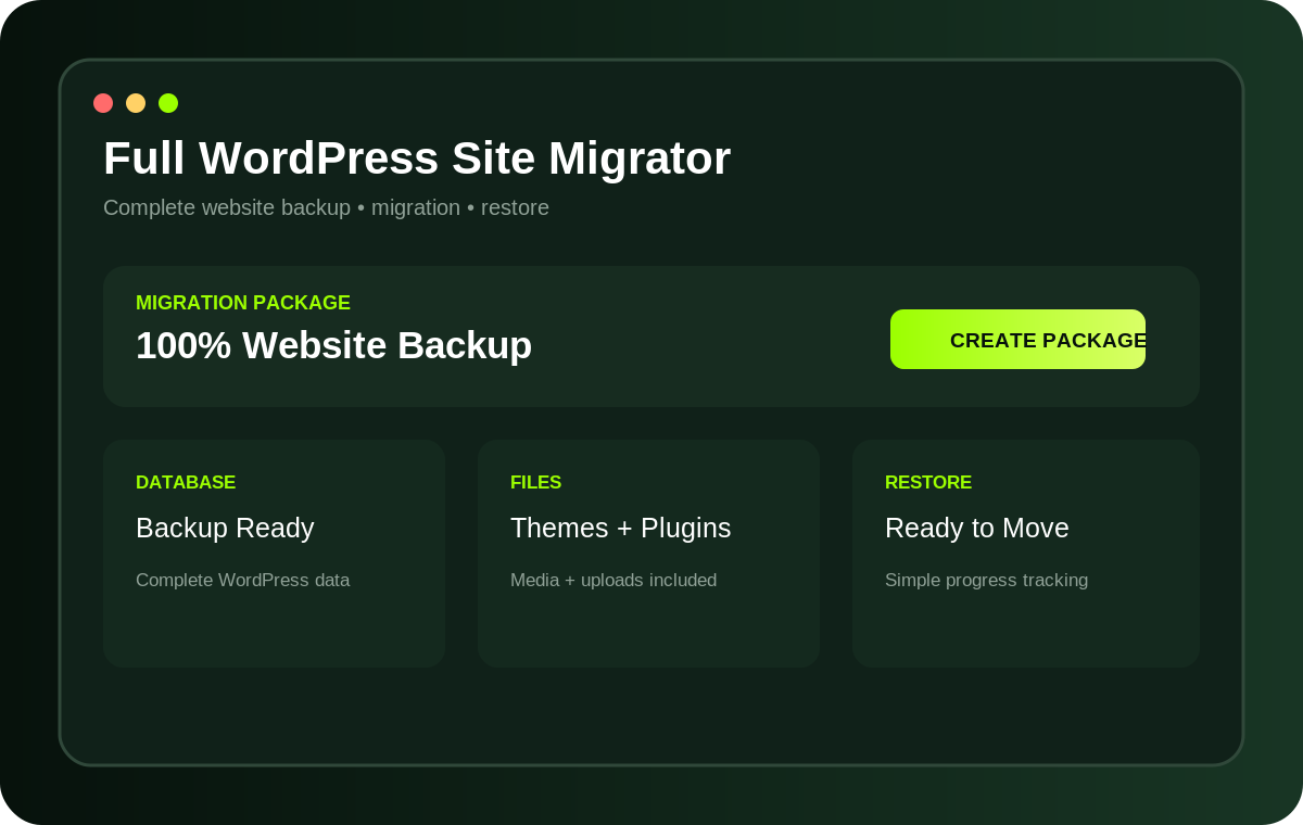 Full WordPress Site Migrator dashboard preview